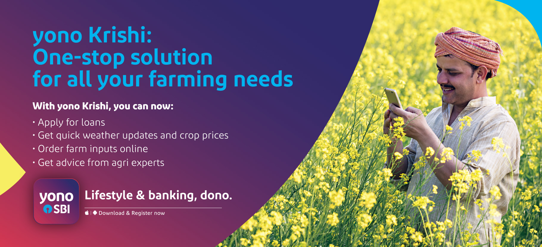 Promotional image for Yono Krishi, a comprehensive solution for farmers, highlighting services and resources available to meet all agricultural needs