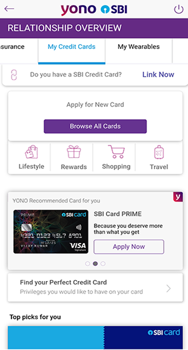 YONO SBI पर क्रेडिट कार्ड की सुविधा