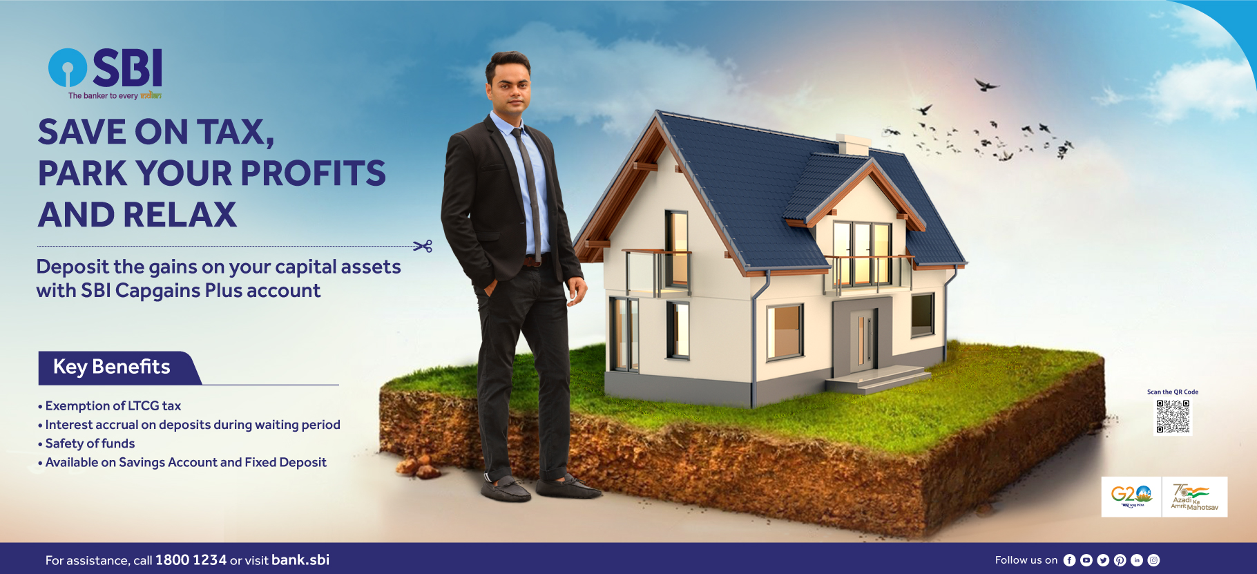 Promotional image for SBI's CapGains Plus account, highlighting the benefits of capital gains exemption for real estate sales under the Capital Gains Account Scheme