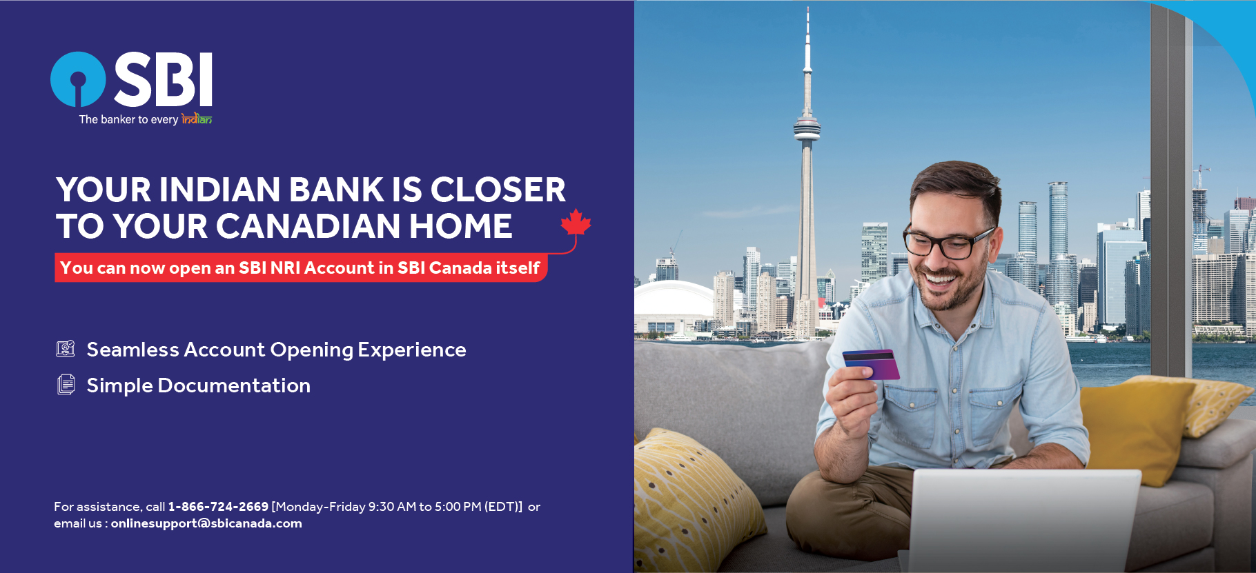 Promotional banner for State Bank of India's services in Canada, showcasing banking solutions and support for customers in the region