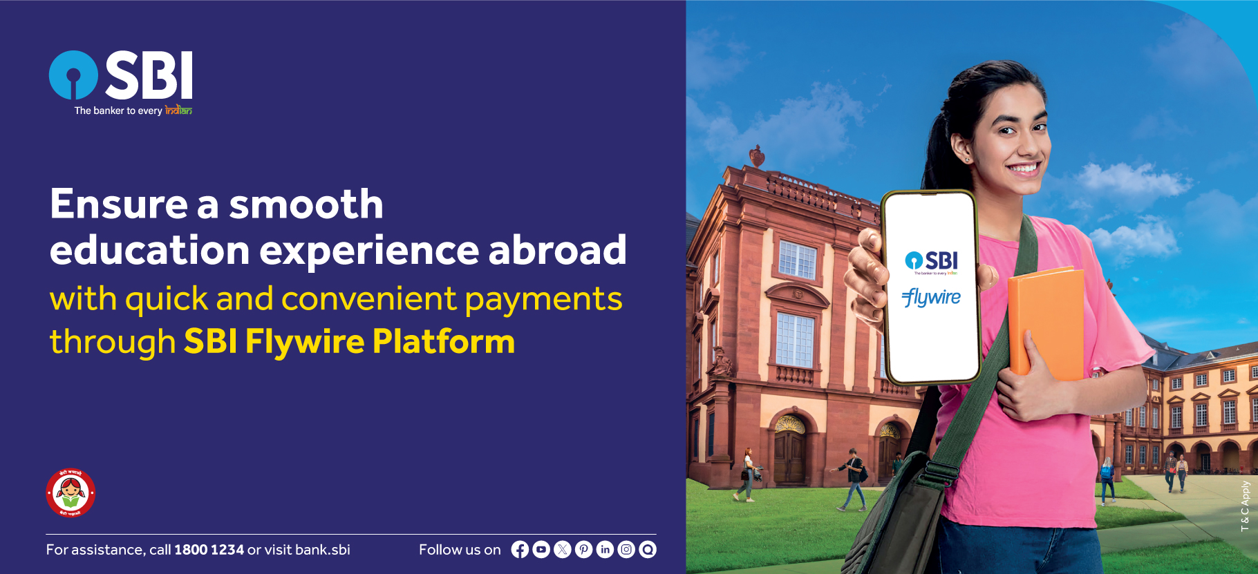 Promotional banner for the partnership between State Bank of India and Flywire, highlighting services for remittances to foreign universities