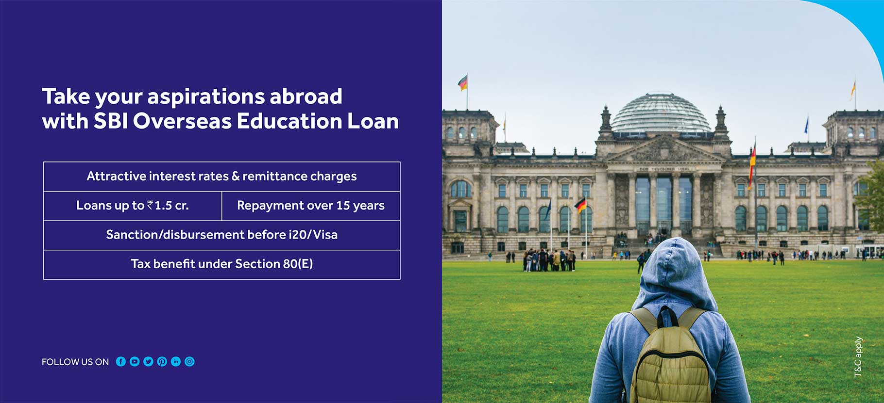 Promotional image encouraging students to pursue their aspirations abroad with SBI's overseas education loan, designed to support financing for international studies